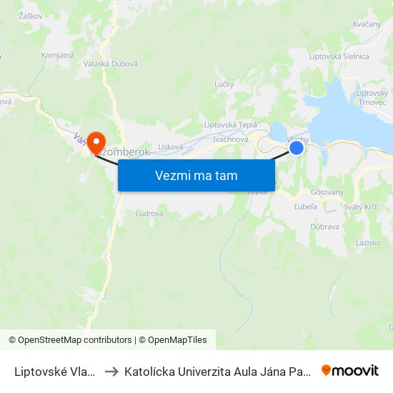 Liptovské Vlachy to Katolícka Univerzita Aula Jána Pavla Ii. map