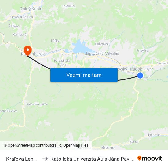 Kráľova Lehota to Katolícka Univerzita Aula Jána Pavla Ii. map