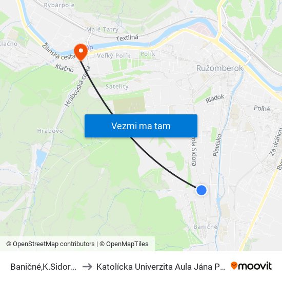 Baničné,K.Sidora 69 to Katolícka Univerzita Aula Jána Pavla Ii. map