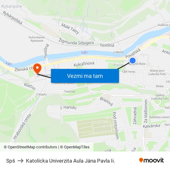 Spš to Katolícka Univerzita Aula Jána Pavla Ii. map