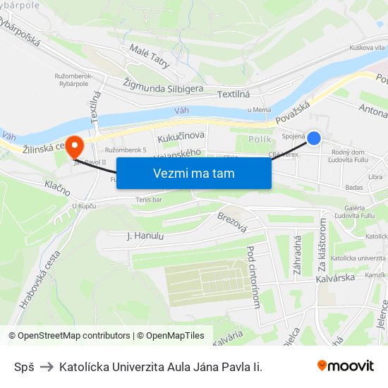 Spš to Katolícka Univerzita Aula Jána Pavla Ii. map