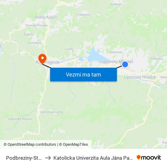 Podbreziny-Stred to Katolícka Univerzita Aula Jána Pavla Ii. map