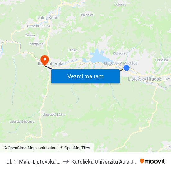 Ul. 1. Mája, Liptovská Mliekareň to Katolícka Univerzita Aula Jána Pavla Ii. map