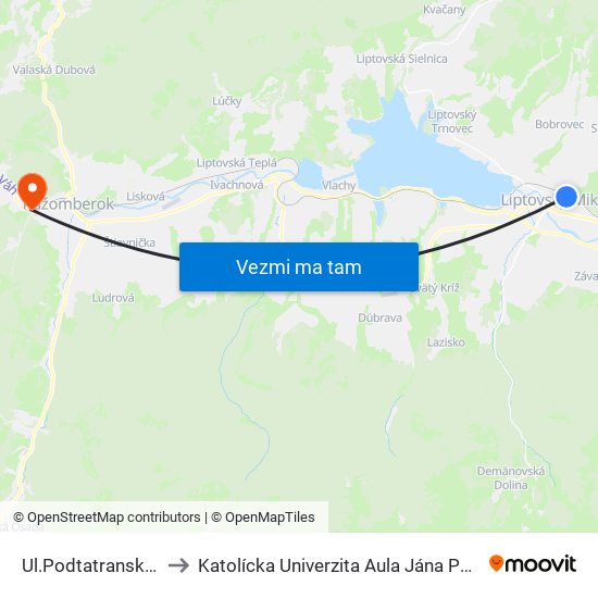 Ul.Podtatranského to Katolícka Univerzita Aula Jána Pavla Ii. map