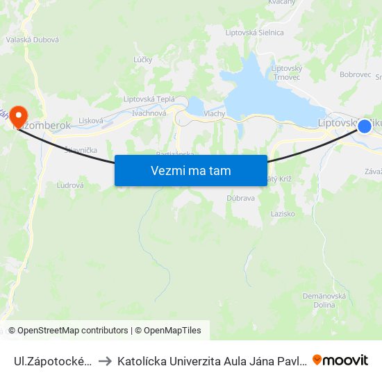 Ul.Zápotockého to Katolícka Univerzita Aula Jána Pavla Ii. map