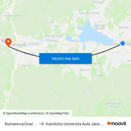 Rumanova,Úrad Prac to Katolícka Univerzita Aula Jána Pavla Ii. map