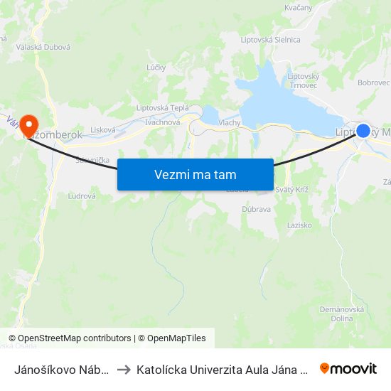 Jánošíkovo Nábrežie to Katolícka Univerzita Aula Jána Pavla Ii. map