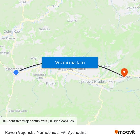 Roveň Vojenská Nemocnica to Východná map