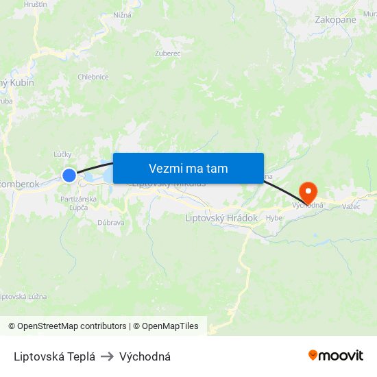 Liptovská Teplá to Východná map