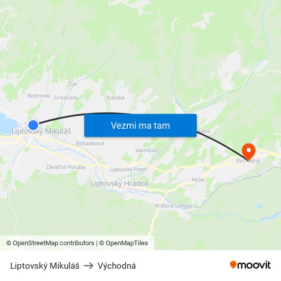 Liptovský Mikuláš to Východná map