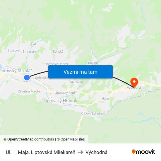 Ul. 1. Mája, Liptovská Mliekareň to Východná map