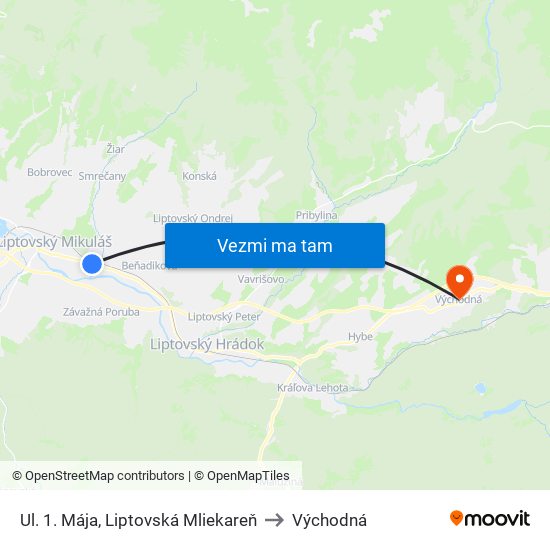 Ul. 1. Mája, Liptovská Mliekareň to Východná map