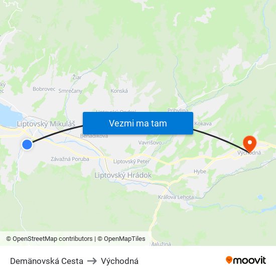 Demänovská Cesta to Východná map