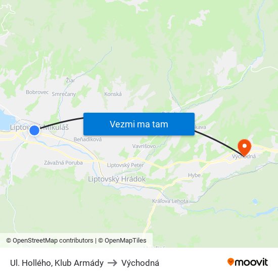 Ul. Hollého, Klub Armády to Východná map