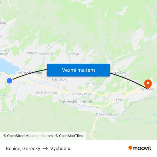 Benice, Gorecký to Východná map