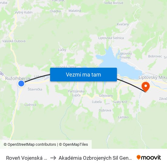 Roveň Vojenská Nemocnica to Akadémia Ozbrojených Síl Generála M.R. Štefánika map