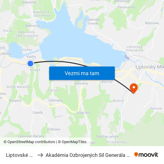 Liptovské Vlachy to Akadémia Ozbrojených Síl Generála M.R. Štefánika map