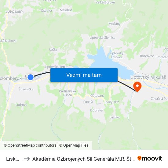 Lisková to Akadémia Ozbrojených Síl Generála M.R. Štefánika map