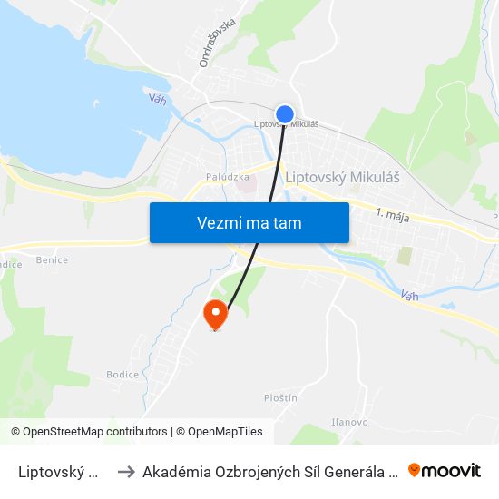 Liptovský Mikuláš to Akadémia Ozbrojených Síl Generála M.R. Štefánika map