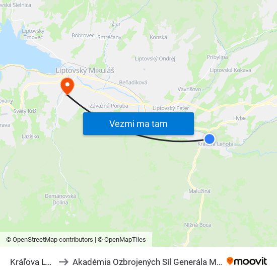 Kráľova Lehota to Akadémia Ozbrojených Síl Generála M.R. Štefánika map