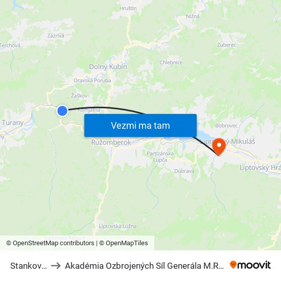 Stankovany to Akadémia Ozbrojených Síl Generála M.R. Štefánika map