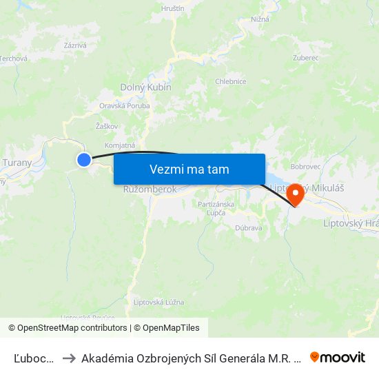 Ľubochňa to Akadémia Ozbrojených Síl Generála M.R. Štefánika map