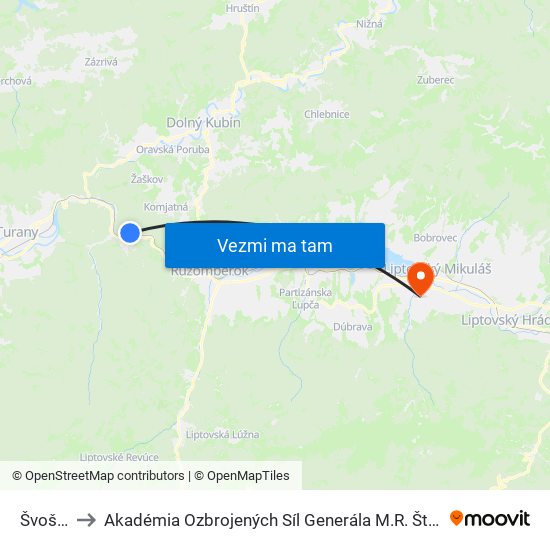 Švošov to Akadémia Ozbrojených Síl Generála M.R. Štefánika map