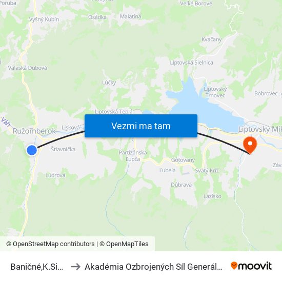 Baničné,K.Sidora 69 to Akadémia Ozbrojených Síl Generála M.R. Štefánika map