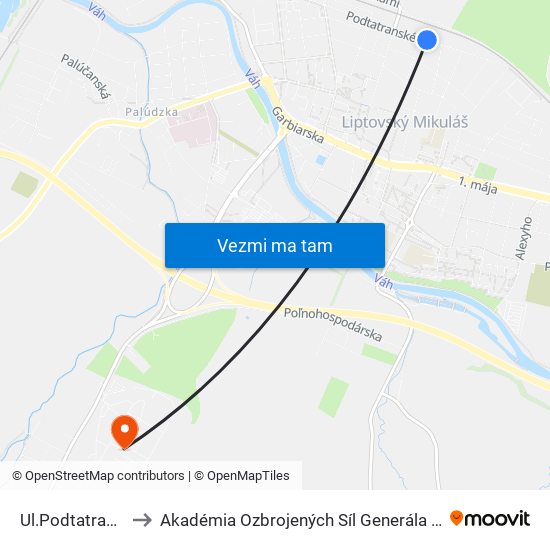 Ul.Podtatranského to Akadémia Ozbrojených Síl Generála M.R. Štefánika map