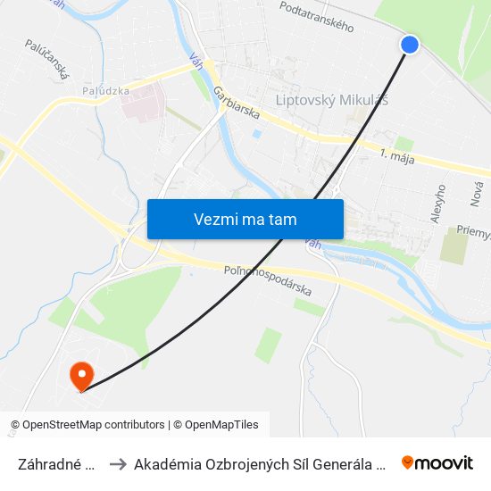 Záhradné Mesto to Akadémia Ozbrojených Síl Generála M.R. Štefánika map