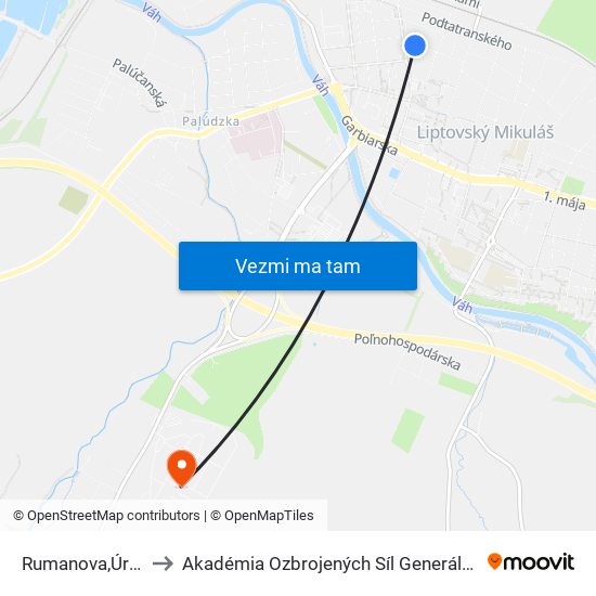 Rumanova,Úrad Prac to Akadémia Ozbrojených Síl Generála M.R. Štefánika map