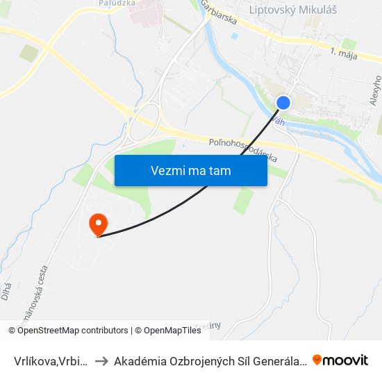 Vrlíkova,Vrbic.Most to Akadémia Ozbrojených Síl Generála M.R. Štefánika map