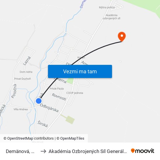 Demänová, Mlynisko to Akadémia Ozbrojených Síl Generála M.R. Štefánika map