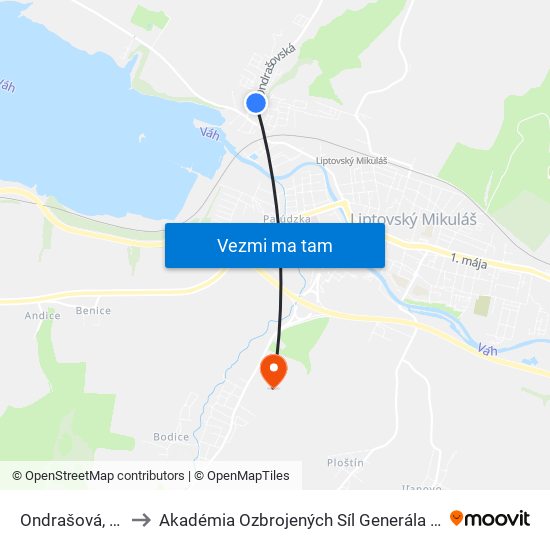 Ondrašová, Kostol to Akadémia Ozbrojených Síl Generála M.R. Štefánika map