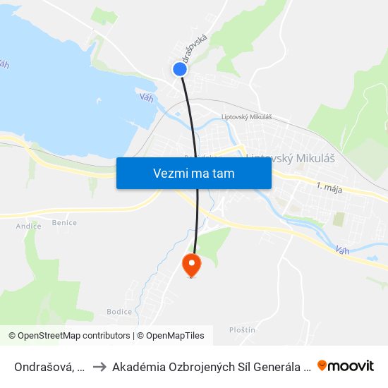 Ondrašová, Kostol to Akadémia Ozbrojených Síl Generála M.R. Štefánika map