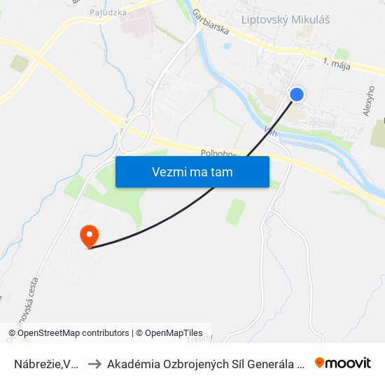 Nábrežie,Vrbická to Akadémia Ozbrojených Síl Generála M.R. Štefánika map