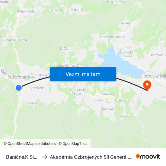 Baničné,K.Sidora 69 to Akadémia Ozbrojených Síl Generála M.R. Štefánika map