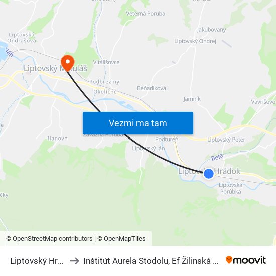 Liptovský Hrádok to Inštitút Aurela Stodolu, Ef Žilinská Univerzita map