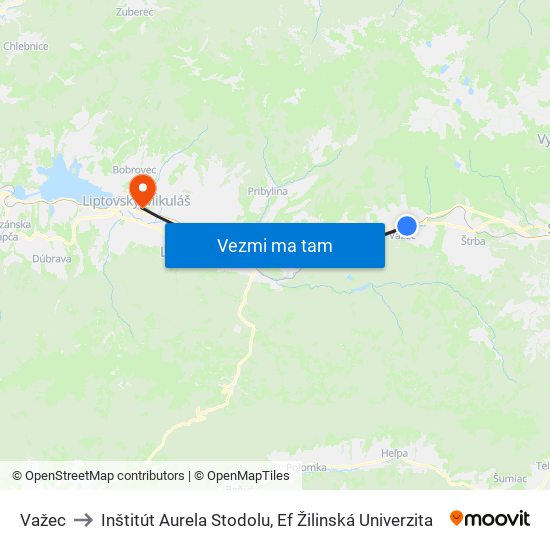 Važec to Inštitút Aurela Stodolu, Ef Žilinská Univerzita map