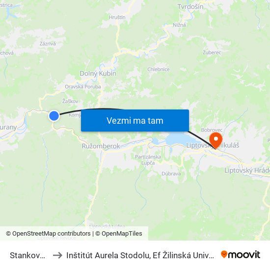 Stankovany to Inštitút Aurela Stodolu, Ef Žilinská Univerzita map