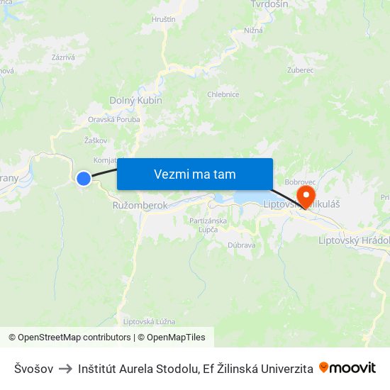 Švošov to Inštitút Aurela Stodolu, Ef Žilinská Univerzita map