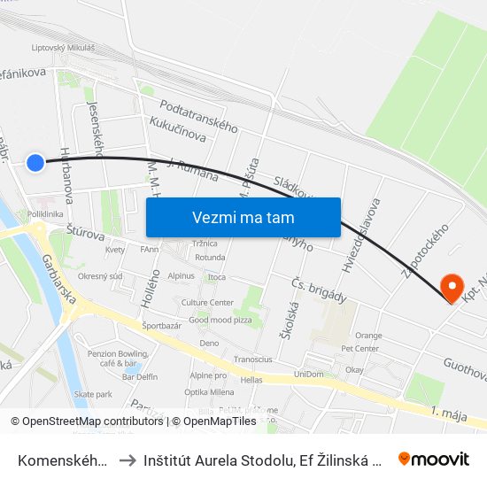 Komenského, 15 to Inštitút Aurela Stodolu, Ef Žilinská Univerzita map