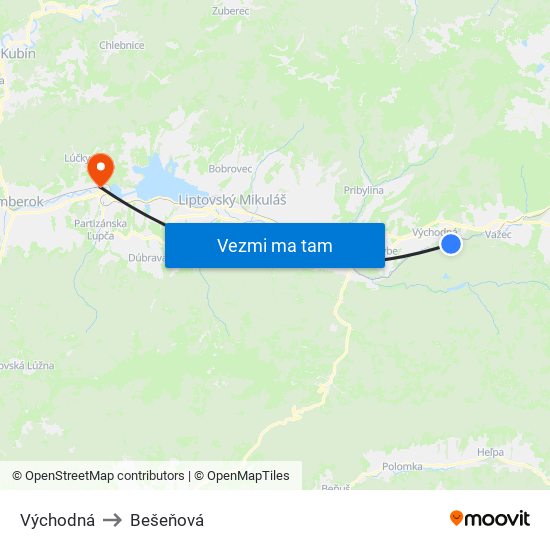 Východná to Bešeňová map