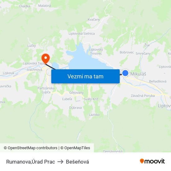 Rumanova,Úrad Prac to Bešeňová map