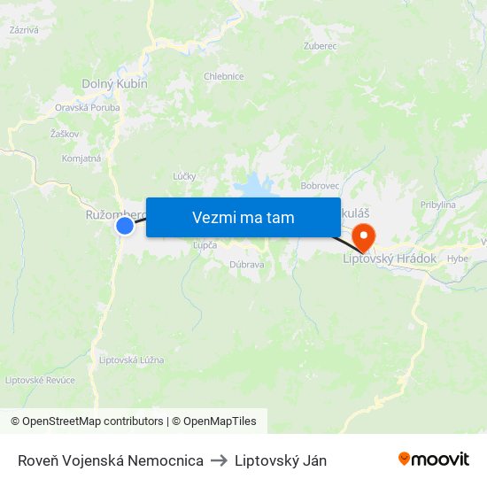 Roveň Vojenská Nemocnica to Liptovský Ján map