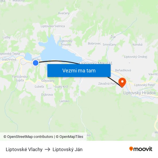 Liptovské Vlachy to Liptovský Ján map