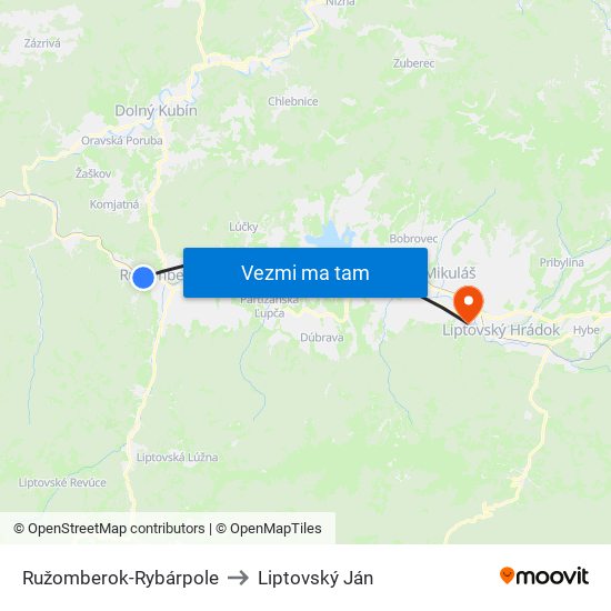 Ružomberok-Rybárpole to Liptovský Ján map