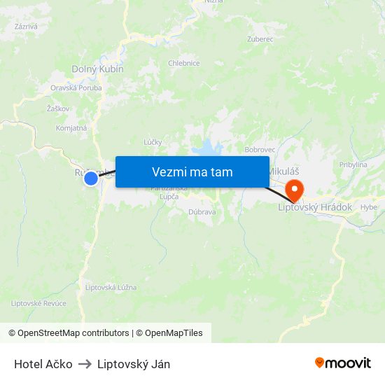 Hotel Ačko to Liptovský Ján map