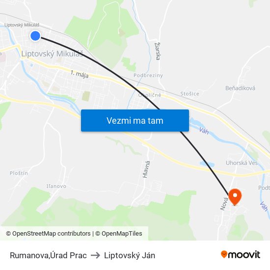 Rumanova,Úrad Prac to Liptovský Ján map