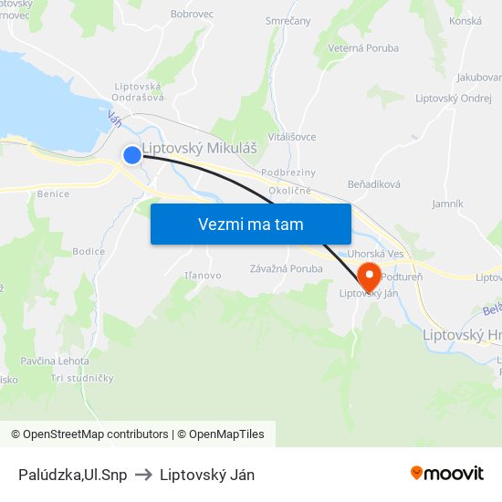 Palúdzka,Ul.Snp to Liptovský Ján map